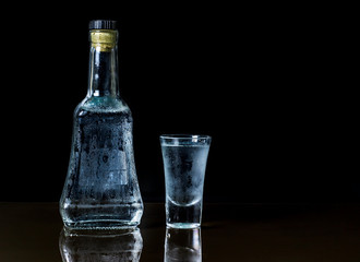 Bottle of vodka and glass on dark background