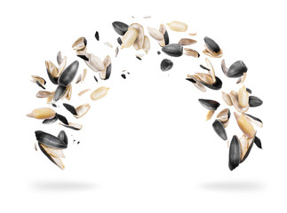 Peeled sunflower seeds are frozen in the air, isolated on white background