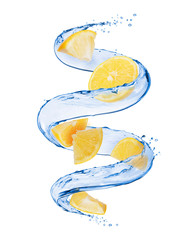 Sliced pieces of lemon with splashes of water in a swirling shape