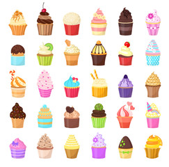 Set of cupcakes on white background. Sweet pastries decorated with fruit, chocolate, sprinkles. Vector illustration.