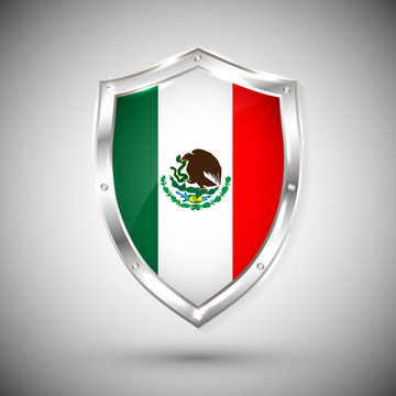 Mexico flag on metal shiny shield vector illustration. Collection of flags on shield against white background. Abstract isolated object
