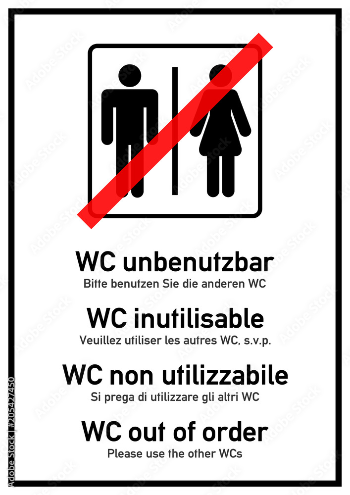 Fototapete ks304 kombi-schild - deutsch: wc unbenutzbar - toilettenschild - mehrsprachig - door plate, français