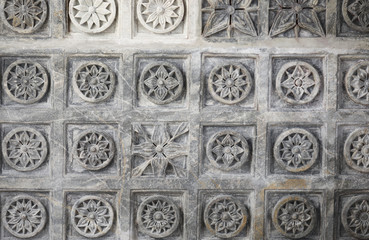 Ancient Architectural Ornament, Stone Carving Decorations Inside Ranakpur Jain Temple in Rajasthan, India