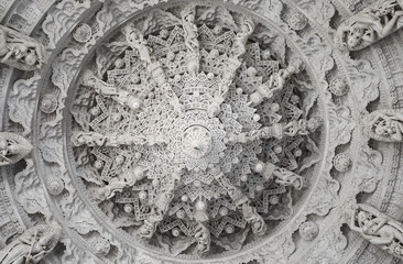 Ancient Architectural Ornament, Stone Carving Decorations Inside Ranakpur Jain Temple in Rajasthan,...