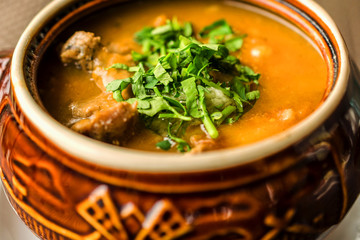 Delicious homemade goulash soup with meat and finely chopped parsley. In ceramic ware. Selective focus.