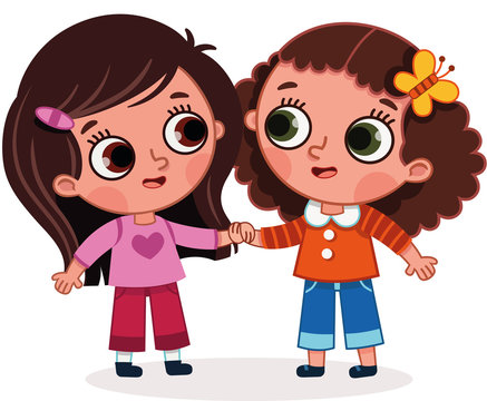 Vector illustration of two cute girls holding hands. Cartoon image with friendship theme.