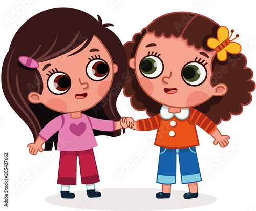 "Vector illustration of two cute girls holding hands ...