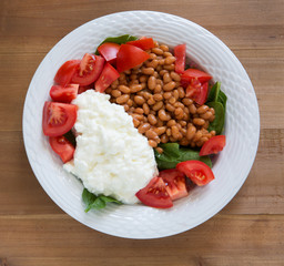 food lunch plate spinach greens brown beans cottage cheese tomato