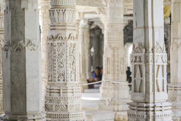 Ancient Architectural Ornament, Stone Carving Decorations Inside Ranakpur Jain Temple in Rajasthan, India