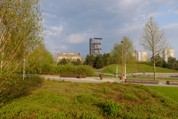 Katowice / Popular city square in the background a view of the historic mine shaft © Rochu_2008