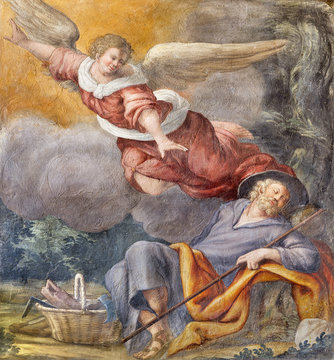 PARMA, ITALY - APRIL 16, 2018: The fresco of The Vision of angel to St. Jospeh in church Chiesa di Santa Croce by Giovanni Maria Conti della Camera (1614 - 1670).