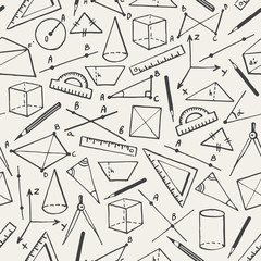 School, math, mathematic, geometry vector background. Doodle style seamless repeat pattern. Hand drawn geometry objects and figures, pencils, compasses, rulers, lines.