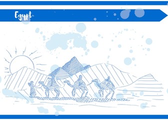 Naklejka premium blue desert sun pyramid camels sketch postcard