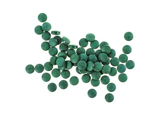 Spirulina tablets isolated on white background