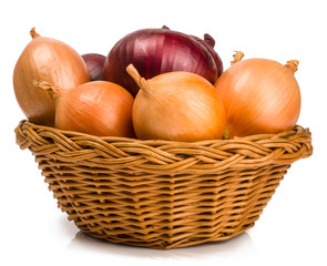 onions in a basket isolated on white