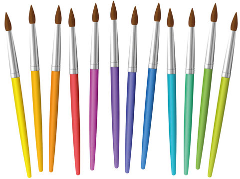 Paintbrushes loosely arranged. Set of twelve rainbow colored thin paint brushes - isolated vector illustration on white background.