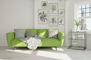 Idea of white minimalist room with green sofa. Scandinavian interior design. 3D illustration