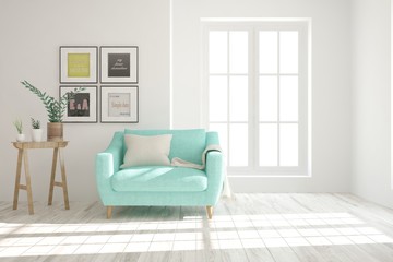 Inspiration of white minimalist room with armchair. Scandinavian interior design. 3D illustration