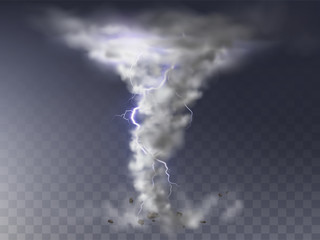 Vector illustration of realistic tornado with lightning, destructive hurricane isolated on transparent background. Wind cyclone, twisted vortex with flash of light, dangerous natural disaster