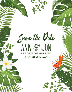 Save the Date Card with Tropical Exotic Leafs and Flowers. Wedding Invitation Design with Jungle Plants