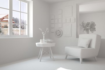 White room with armchair and winter landscape in window. Scandinavian interior design. 3D illustration