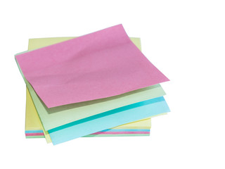 Colorful office stack note paper stickers isolated on white background.