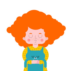 Little girl and cat. Female child holding pet. Vector illustration