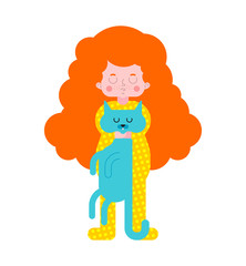 Little girl and cat. Female child holding pet. Vector illustration