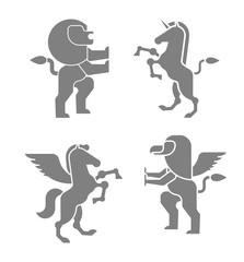 Animals heraldic set symbol. Pegasus and Lion and Gryphon. Sign Beast for coat of arms. Royal Vector illustration