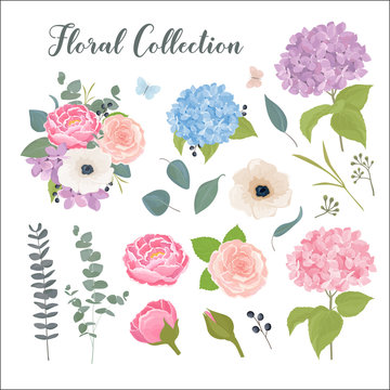 Floral collection with leaves and flowers in watercolor style. Spring or summer design elements for greeting card, wedding invitation, save the date, birthday and other holiday, summer background