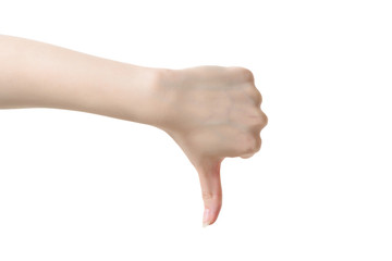 Thumb down female hand sign isolated on a white background. Symbol communication gesture object