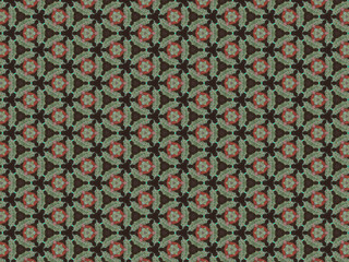 brown background with a pattern of red bright green shiny leaves