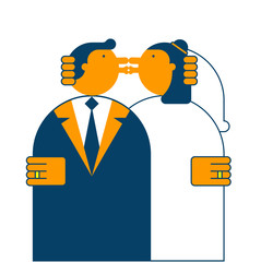 Wedding kiss. Bride and groom. Vector illustration