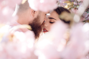 Passion and love concept. Man and woman kissing in blooming garden on spring day. Couple hugs near sakura trees. Couple in love spend time in spring garden, flowers on background, defocused, close up.