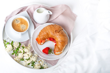 Morning background . Breakfast in bed.light key. the view from the top