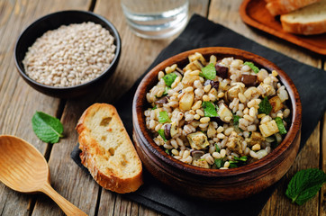Roasted eggplant pine nuts mint barley salad