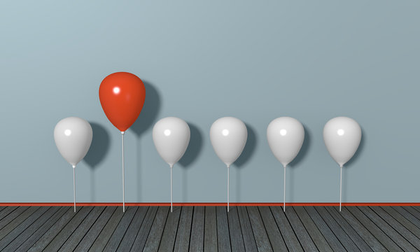 roter großer Luftballon unter kleinen weißen, Konzept aus der Masse abheben. 3d render