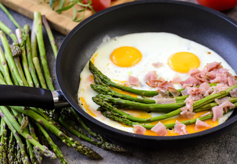 Fried eggs with asparagus and ham on a dark stone board