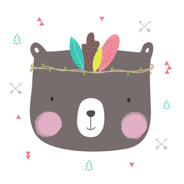 Cute bear face with flower crown for banner and greeting card design. Vector illustration.