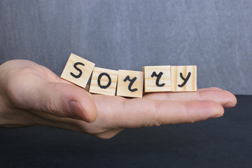 Word Sorry written on wooden cubes on the dark background.