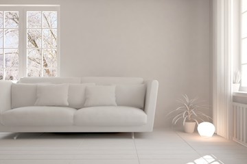 White room with sofa. Scandinavian interior design. 3D illustration