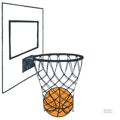 Fototapeta na wymiar Action vector illustration of basket ball in the hoop. Backboard, hoop, ring, net, kit. Hand drawn sketch. White background