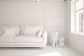 White room with sofa. Scandinavian interior design. 3D illustration