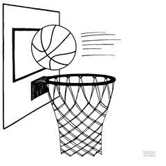 Action vector illustration of basket ball and backboard, hoop, ring, net, kit. Hand drawn sketch. Black on white background