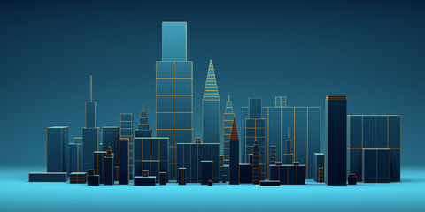 Urban abstract background, futuristic blue city panorama. 3d illustration.