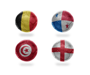 soccer team group G. football balls with national flags of belgium, panama, tunisia, england