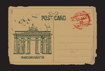 Brandenburg gate, Berlin. Post card design.  Hand drawn illustration.
