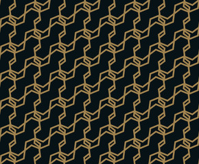 Seamless pattern of intersecting thin gold lines on black background. Abstract seamless ornament.