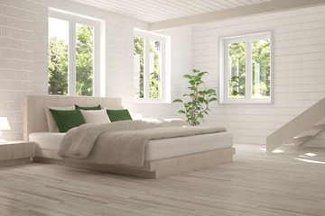 Inspiration of white minimalist  bedroom with summer landscape in window. Scandinavian interior design. 3D illustration