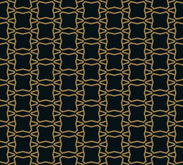Seamless pattern of intersecting thin gold lines on black background. Abstract seamless ornament.